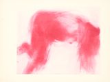painting of a horse with red paint on it in a white frame
