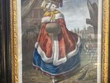tableau représentant une femme vêtue d'une robe rouge et bleue tenant un pot
