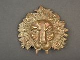 a gold lion head on the wall of a room