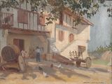 a painting of a farm scene with a horse drawn wagon