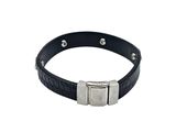 a black leather bracelet with a silver buckle