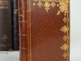a brown book with gold writing on it next to a bunch of books