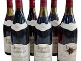 six bottles of wine are lined up in a row on a white surface