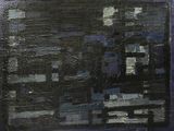 une peinture à l'huile représentant un paysage urbain aux tons noirs et bleus sur fond blanc