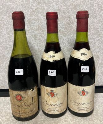 trois bouteilles de vin sont alignées sur un plan de travail
