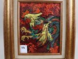 painting of a rooster in a gold frame on a red background