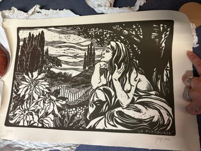 un dessin représentant une femme assise sur une table