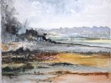 une aquarelle représentant un paysage avec un train sur les rails