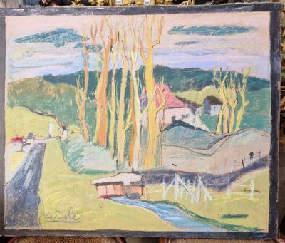 une peinture à l'huile représentant un tableau représentant un paysage avec des arbres et un ruisseau