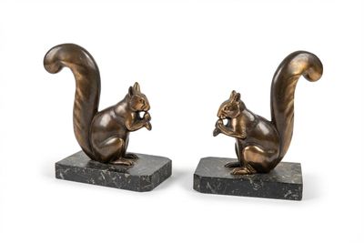 pair of bronze squirrel bookends on marble bases