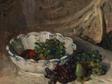 une peinture représentant une coupe de fruits sur une table
