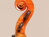 a close up of a violin on a stand with a white background