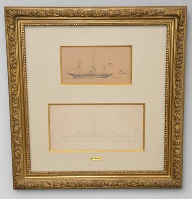un dessin représentant un bateau, encadré d'or, accroché au mur