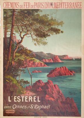 une ancienne affiche de voyage française représentant la côte, avec des arbres et des rochers au premier plan