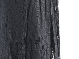 a woman wearing a black dress with a lace overlay