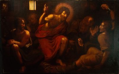 On voit, au milieu d'une pièce, l'image d'un tableau représentant Jésus.