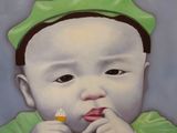 tableau représentant un bébé coiffé d'un bonnet vert en train de manger un morceau de nourriture
