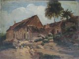an old painting of a village with a dirt road in front of it