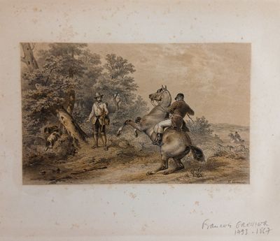 tableau représentant un homme à cheval, avec un autre homme à cheval derrière lui