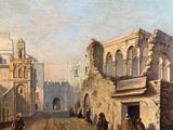 an old painting of a street with people walking and a building in the background