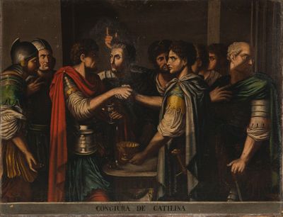painting of a group of men standing around a table with a bowl of food