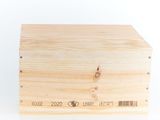 a wooden box that has a label on it