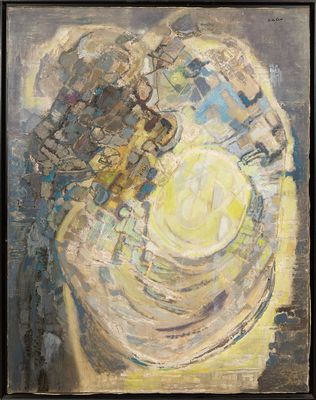 an oil painting of a vase with flowers in it on a table