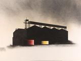 an image of a black and white painting of a factory with smoke coming out of it