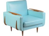 blue leather lounge chair with wooden legs and armrests on a white background