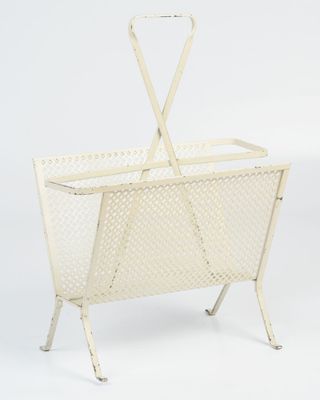 an image of a white metal basket with handles on a white background