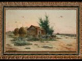an oil painting of a farm scene with hay bales and a barn
