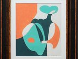 painting of a vase with a green and orange design in a black frame