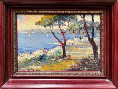 une photo d'un tableau représentant un arbre au bord de l'eau