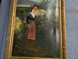 un tableau représentant une femme tenant un panier de fleurs