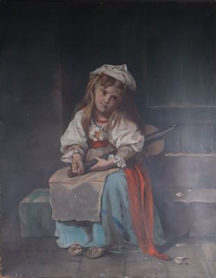un tableau représentant une petite fille assise sur les marches
