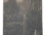 painting of a woman and a dog in a wooded landscape