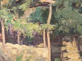 an oil painting of a stone wall in a garden next to a tree