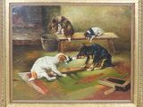 tableau représentant un groupe de chiens jouant sur un tapis dans une pièce