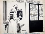 drawing of a woman holding a plate of food in front of a store