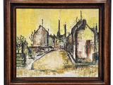 a painting of a street scene with buildings and trees in the background
