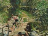 painting of a group of people walking up a set of stairs