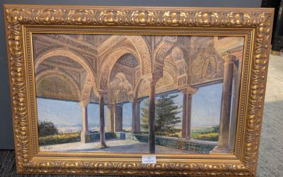 an oil painting of a courtyard with columns and arches
