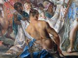 an image of a painting of a man holding a sword in front of a group of people