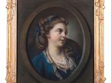 a painting of a woman in a blue dress in a gold frame
