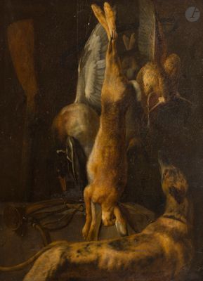 tableau représentant deux chiens et un oiseau mort dans une pièce
