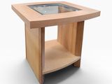 a small wooden table with a glass top on a white background