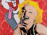 painting of a woman talking on a cell phone next to a cartoon cat