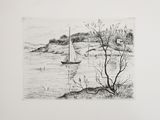 a drawing of a sailboat on the water