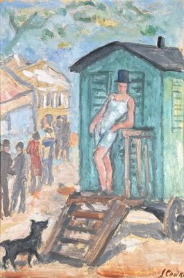 une peinture à l'huile représentant un homme debout dans un wagon de queue vert, à côté d'un chat noir