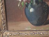 a painting of a blue vase with pink flowers in it